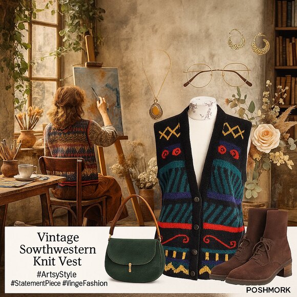 Vintage Norm Thompson Geometric Knit Vest (L) - Picture 1 of 8
